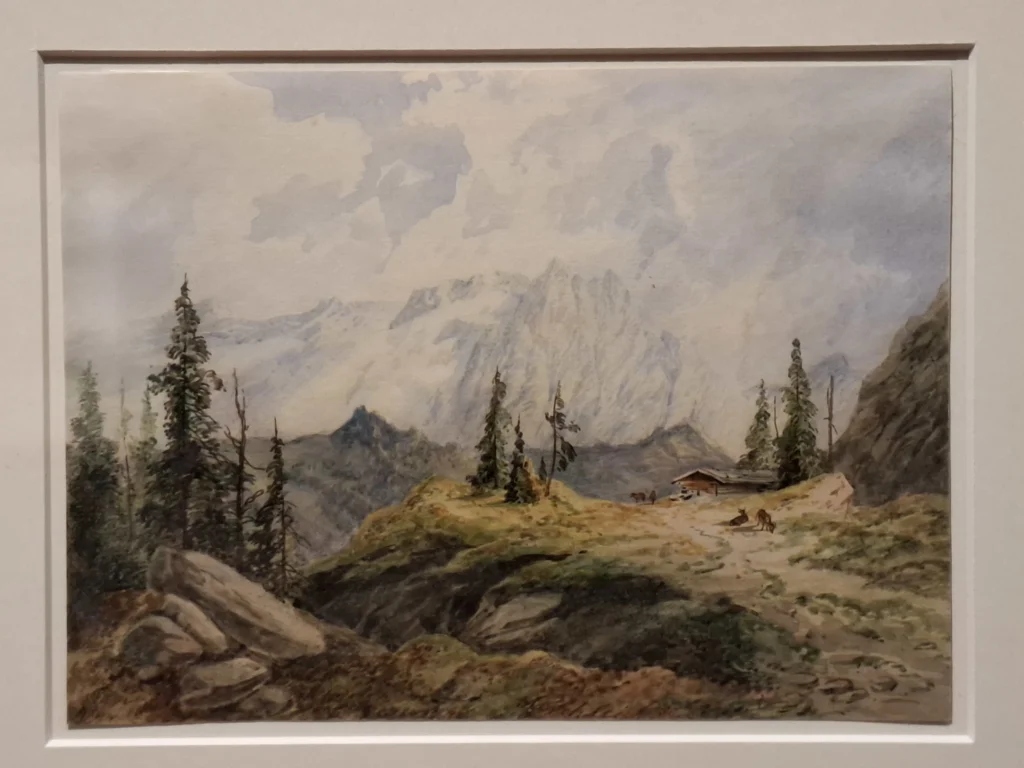 Eduard Schleich d.Ä 'Ansicht in den Bergen mit Hütte'